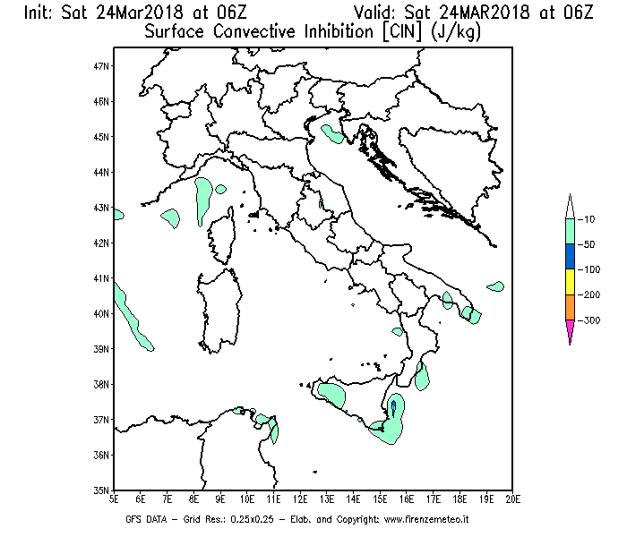 Mappa di analisi GFS - CIN [J/kg] in Italia
									del 24/03/2018 06 <!--googleoff: index-->UTC<!--googleon: index-->