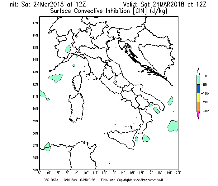 Mappa di analisi GFS - CIN [J/kg] in Italia
									del 24/03/2018 12 <!--googleoff: index-->UTC<!--googleon: index-->