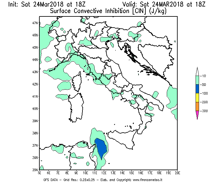 Mappa di analisi GFS - CIN [J/kg] in Italia
									del 24/03/2018 18 <!--googleoff: index-->UTC<!--googleon: index-->