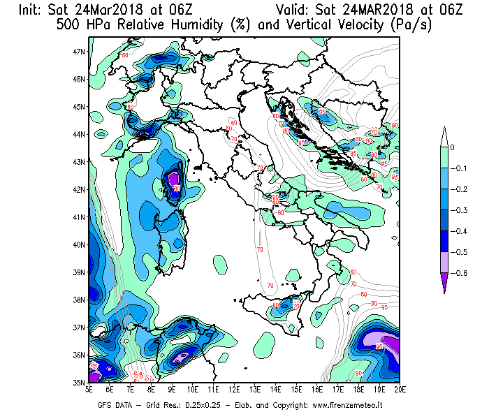 Mappa di analisi GFS - Umidità relativa [%] e Omega [Pa/s] a 500 hPa in Italia
									del 24/03/2018 06 <!--googleoff: index-->UTC<!--googleon: index-->