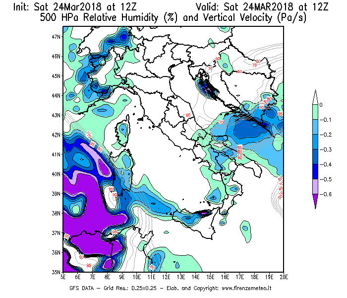 Mappa di analisi GFS - Umidità relativa [%] e Omega [Pa/s] a 500 hPa in Italia
									del 24/03/2018 12 <!--googleoff: index-->UTC<!--googleon: index-->