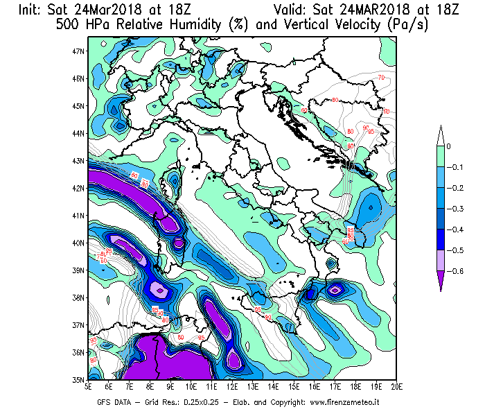 Mappa di analisi GFS - Umidità relativa [%] e Omega [Pa/s] a 500 hPa in Italia
									del 24/03/2018 18 <!--googleoff: index-->UTC<!--googleon: index-->