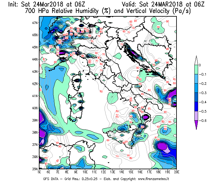 Mappa di analisi GFS - Umidità relativa [%] e Omega [Pa/s] a 700 hPa in Italia
									del 24/03/2018 06 <!--googleoff: index-->UTC<!--googleon: index-->