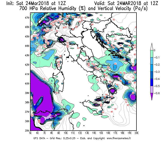 Mappa di analisi GFS - Umidità relativa [%] e Omega [Pa/s] a 700 hPa in Italia
									del 24/03/2018 12 <!--googleoff: index-->UTC<!--googleon: index-->