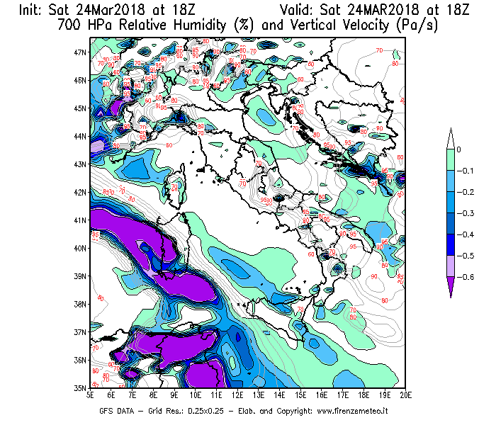 Mappa di analisi GFS - Umidità relativa [%] e Omega [Pa/s] a 700 hPa in Italia
									del 24/03/2018 18 <!--googleoff: index-->UTC<!--googleon: index-->