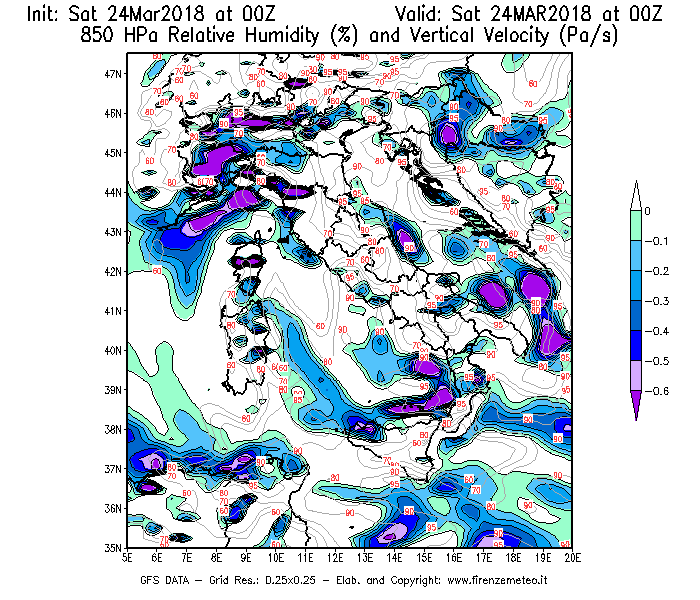 Mappa di analisi GFS - Umidità relativa [%] e Omega [Pa/s] a 850 hPa in Italia
									del 24/03/2018 00 <!--googleoff: index-->UTC<!--googleon: index-->