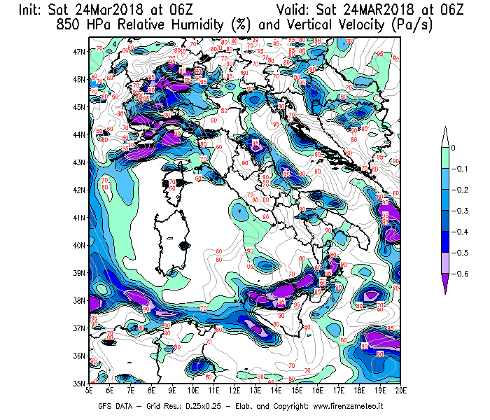 Mappa di analisi GFS - Umidità relativa [%] e Omega [Pa/s] a 850 hPa in Italia
									del 24/03/2018 06 <!--googleoff: index-->UTC<!--googleon: index-->
