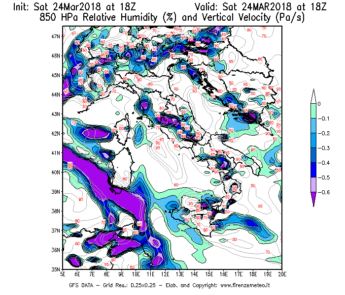 Mappa di analisi GFS - Umidità relativa [%] e Omega [Pa/s] a 850 hPa in Italia
									del 24/03/2018 18 <!--googleoff: index-->UTC<!--googleon: index-->
