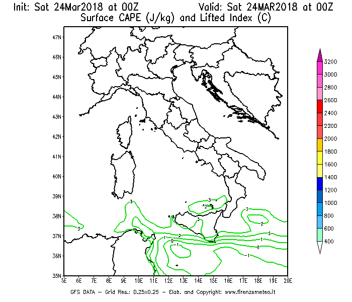 Mappa di analisi GFS - CAPE [J/kg] e Lifted Index [°C] in Italia
									del 24/03/2018 00 <!--googleoff: index-->UTC<!--googleon: index-->