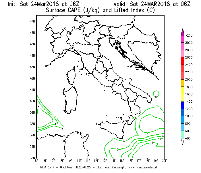 Mappa di analisi GFS - CAPE [J/kg] e Lifted Index [°C] in Italia
									del 24/03/2018 06 <!--googleoff: index-->UTC<!--googleon: index-->