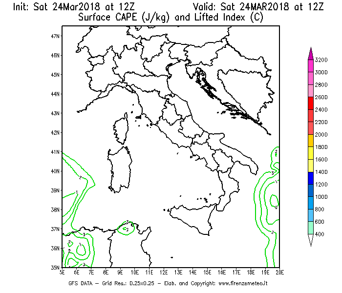 Mappa di analisi GFS - CAPE [J/kg] e Lifted Index [°C] in Italia
									del 24/03/2018 12 <!--googleoff: index-->UTC<!--googleon: index-->