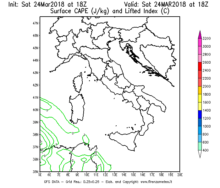Mappa di analisi GFS - CAPE [J/kg] e Lifted Index [°C] in Italia
									del 24/03/2018 18 <!--googleoff: index-->UTC<!--googleon: index-->