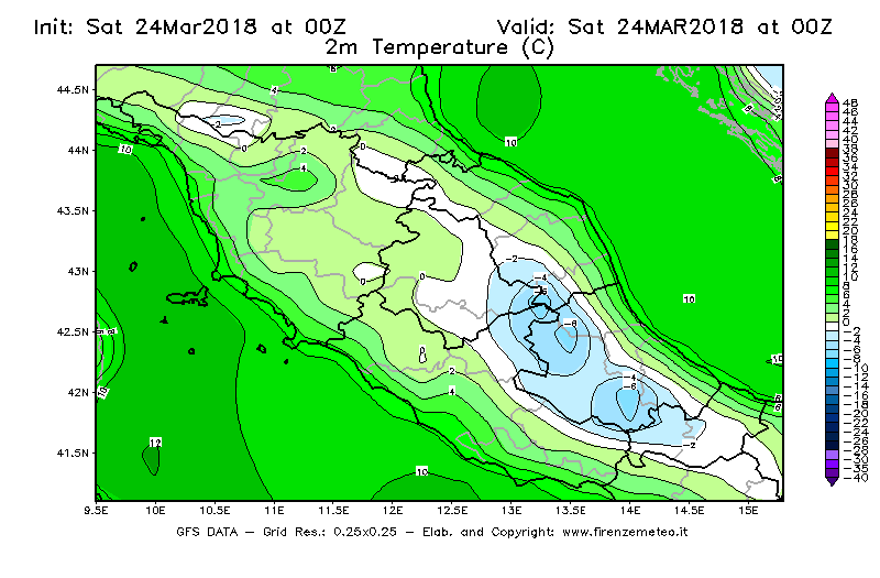 Mappa di analisi GFS - Temperatura a 2 metri dal suolo [°C] in Centro-Italia
									del 24/03/2018 00 <!--googleoff: index-->UTC<!--googleon: index-->