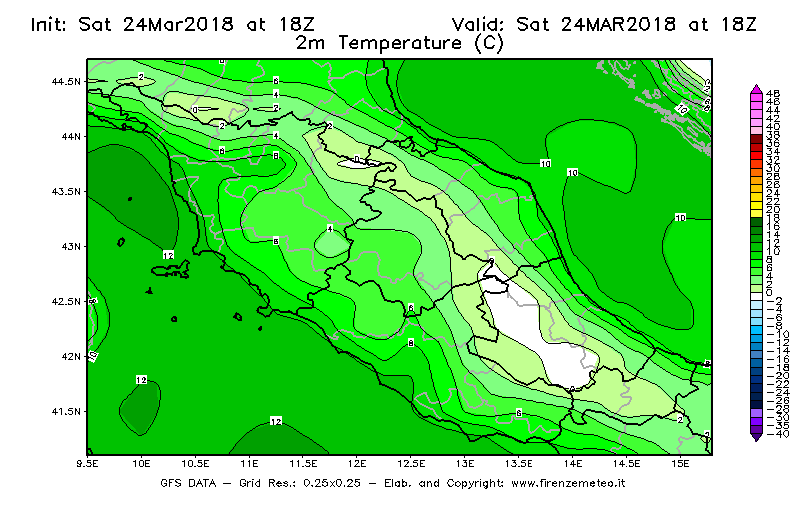 Mappa di analisi GFS - Temperatura a 2 metri dal suolo [°C] in Centro-Italia
									del 24/03/2018 18 <!--googleoff: index-->UTC<!--googleon: index-->