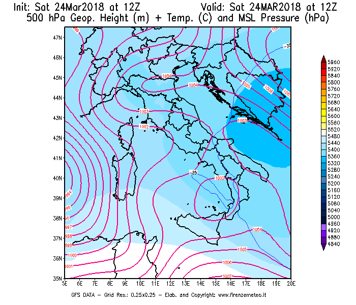 Mappa di analisi GFS - Geopotenziale [m] + Temp. [°C] a 500 hPa + Press. a livello del mare [hPa] in Italia
									del 24/03/2018 12 <!--googleoff: index-->UTC<!--googleon: index-->