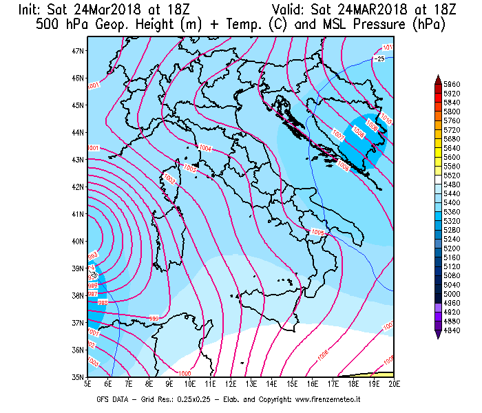 Mappa di analisi GFS - Geopotenziale [m] + Temp. [°C] a 500 hPa + Press. a livello del mare [hPa] in Italia
									del 24/03/2018 18 <!--googleoff: index-->UTC<!--googleon: index-->