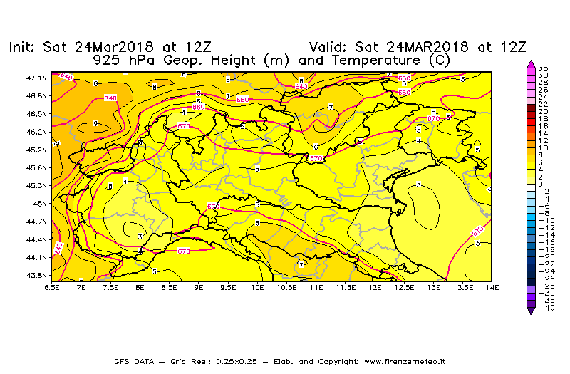 Mappa di analisi GFS - Geopotenziale [m] e Temperatura [°C] a 925 hPa in Nord-Italia
									del 24/03/2018 12 <!--googleoff: index-->UTC<!--googleon: index-->