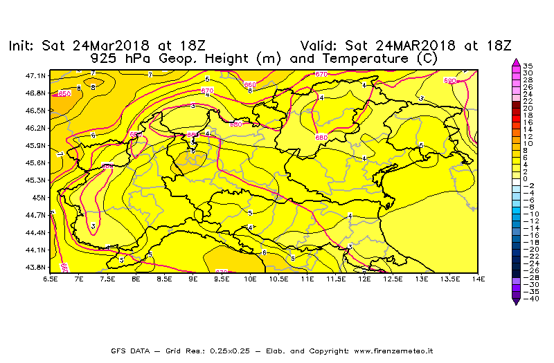 Mappa di analisi GFS - Geopotenziale [m] e Temperatura [°C] a 925 hPa in Nord-Italia
									del 24/03/2018 18 <!--googleoff: index-->UTC<!--googleon: index-->
