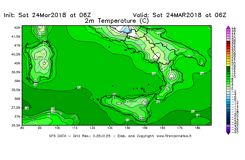 Mappa di analisi GFS - Temperatura a 2 metri dal suolo [°C] in Sud-Italia
									del 24/03/2018 06 <!--googleoff: index-->UTC<!--googleon: index-->