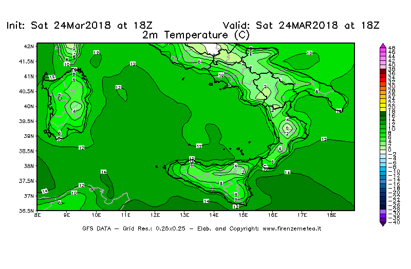 Mappa di analisi GFS - Temperatura a 2 metri dal suolo [°C] in Sud-Italia
									del 24/03/2018 18 <!--googleoff: index-->UTC<!--googleon: index-->