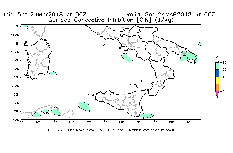 Mappa di analisi GFS - CIN [J/kg] in Sud-Italia
									del 24/03/2018 00 <!--googleoff: index-->UTC<!--googleon: index-->