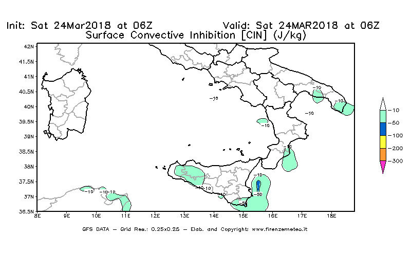 Mappa di analisi GFS - CIN [J/kg] in Sud-Italia
									del 24/03/2018 06 <!--googleoff: index-->UTC<!--googleon: index-->