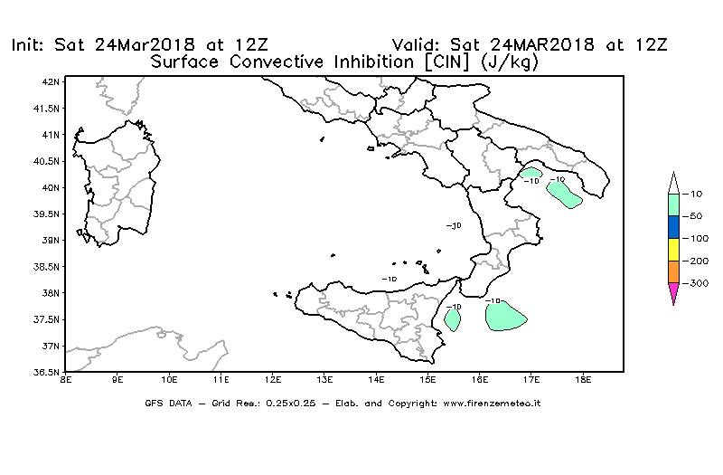 Mappa di analisi GFS - CIN [J/kg] in Sud-Italia
									del 24/03/2018 12 <!--googleoff: index-->UTC<!--googleon: index-->
