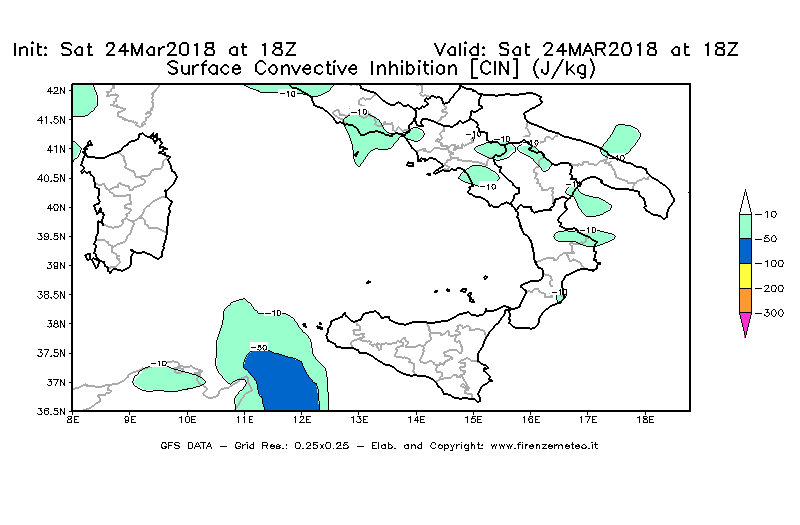 Mappa di analisi GFS - CIN [J/kg] in Sud-Italia
									del 24/03/2018 18 <!--googleoff: index-->UTC<!--googleon: index-->