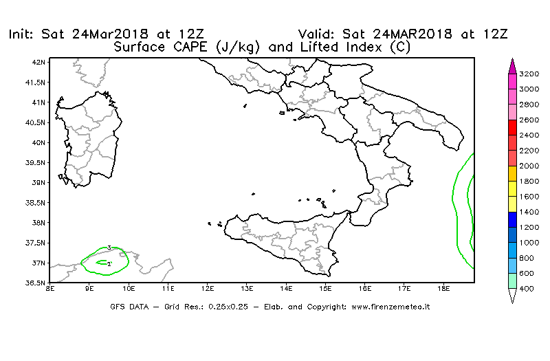 Mappa di analisi GFS - CAPE [J/kg] e Lifted Index [°C] in Sud-Italia
									del 24/03/2018 12 <!--googleoff: index-->UTC<!--googleon: index-->