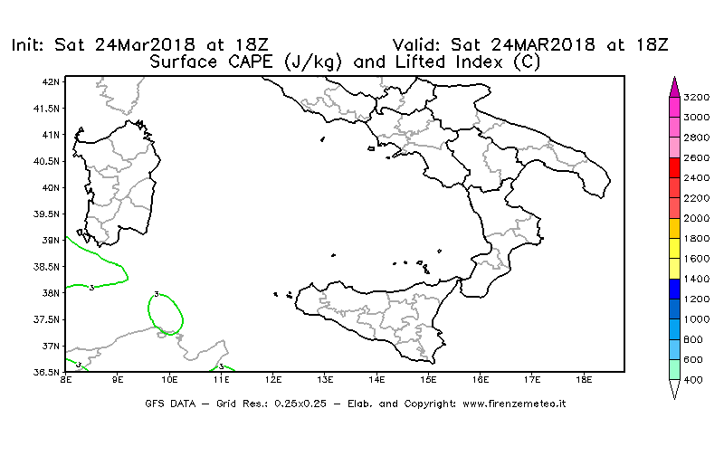 Mappa di analisi GFS - CAPE [J/kg] e Lifted Index [°C] in Sud-Italia
									del 24/03/2018 18 <!--googleoff: index-->UTC<!--googleon: index-->