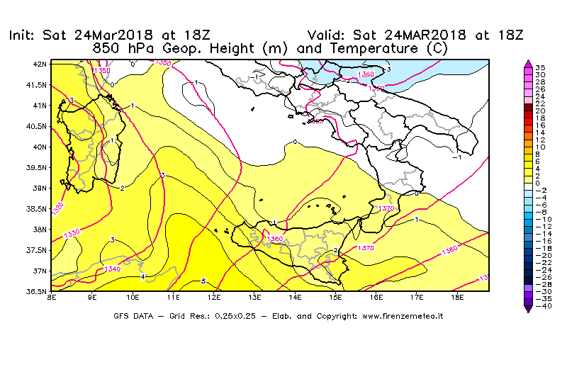 Mappa di analisi GFS - Geopotenziale [m] e Temperatura [°C] a 850 hPa in Sud-Italia
									del 24/03/2018 18 <!--googleoff: index-->UTC<!--googleon: index-->
