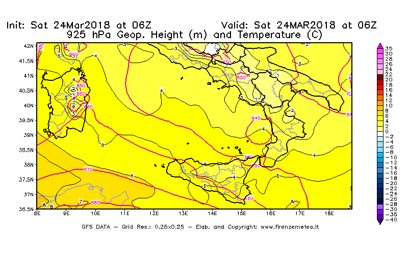 Mappa di analisi GFS - Geopotenziale [m] e Temperatura [°C] a 925 hPa in Sud-Italia
									del 24/03/2018 06 <!--googleoff: index-->UTC<!--googleon: index-->