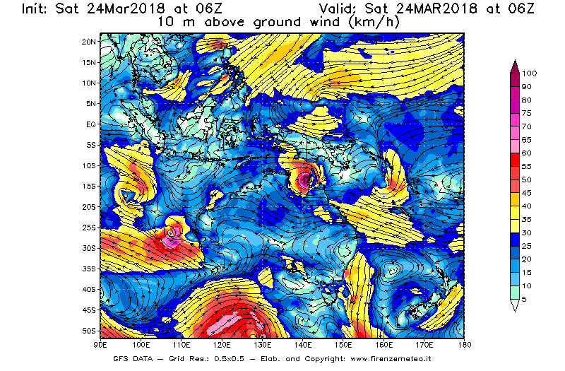 Mappa di analisi GFS - Velocità del vento a 10 metri dal suolo [km/h] in Oceania
									del 24/03/2018 06 <!--googleoff: index-->UTC<!--googleon: index-->