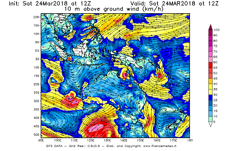 Mappa di analisi GFS - Velocità del vento a 10 metri dal suolo [km/h] in Oceania
									del 24/03/2018 12 <!--googleoff: index-->UTC<!--googleon: index-->