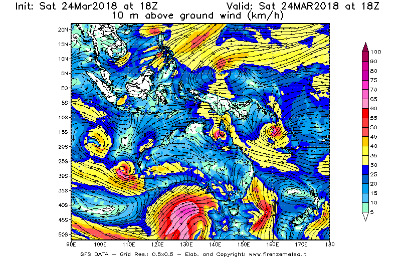 Mappa di analisi GFS - Velocità del vento a 10 metri dal suolo [km/h] in Oceania
									del 24/03/2018 18 <!--googleoff: index-->UTC<!--googleon: index-->