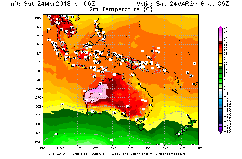 Mappa di analisi GFS - Temperatura a 2 metri dal suolo [°C] in Oceania
									del 24/03/2018 06 <!--googleoff: index-->UTC<!--googleon: index-->