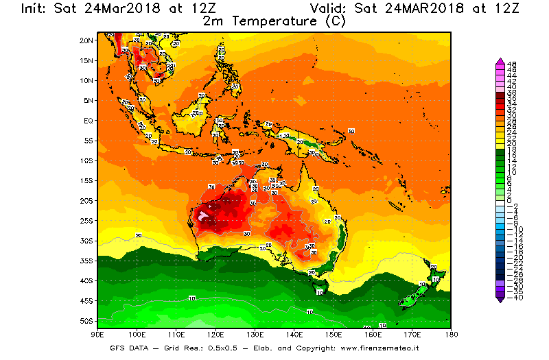 Mappa di analisi GFS - Temperatura a 2 metri dal suolo [°C] in Oceania
									del 24/03/2018 12 <!--googleoff: index-->UTC<!--googleon: index-->