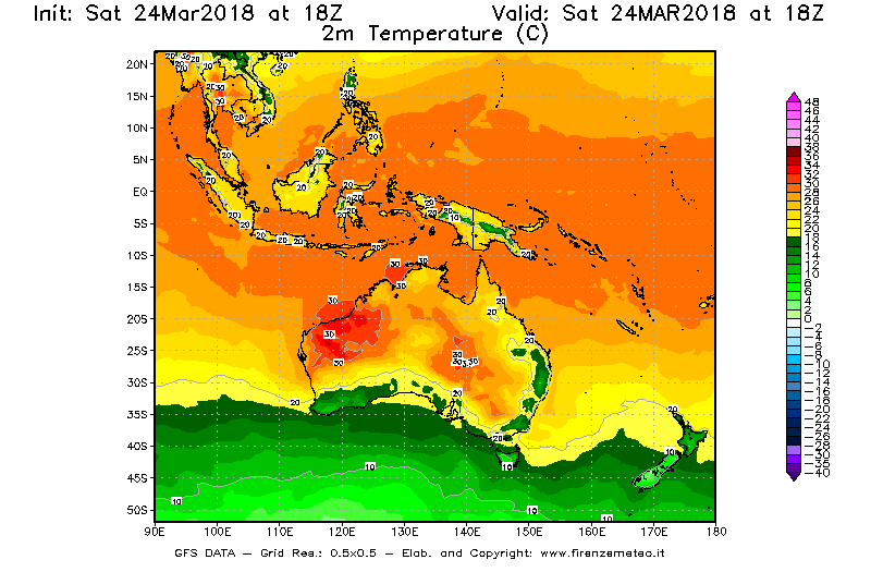 Mappa di analisi GFS - Temperatura a 2 metri dal suolo [°C] in Oceania
									del 24/03/2018 18 <!--googleoff: index-->UTC<!--googleon: index-->
