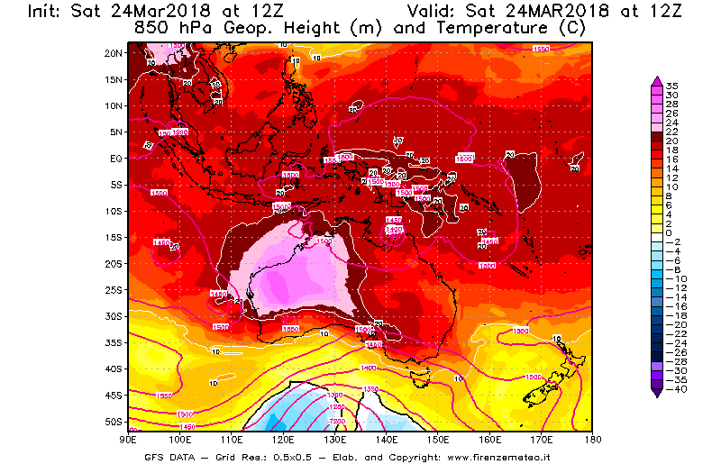 Mappa di analisi GFS - Geopotenziale [m] e Temperatura [°C] a 850 hPa in Oceania
									del 24/03/2018 12 <!--googleoff: index-->UTC<!--googleon: index-->