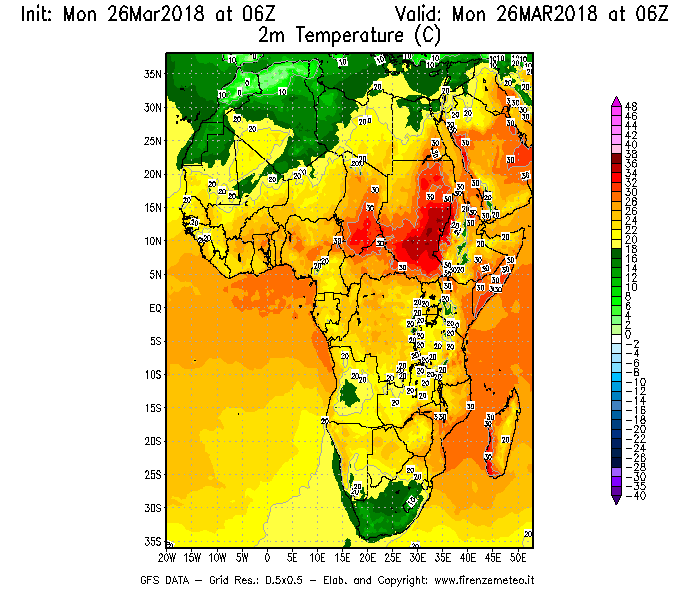 Mappa di analisi GFS - Temperatura a 2 metri dal suolo [°C] in Africa
									del 26/03/2018 06 <!--googleoff: index-->UTC<!--googleon: index-->