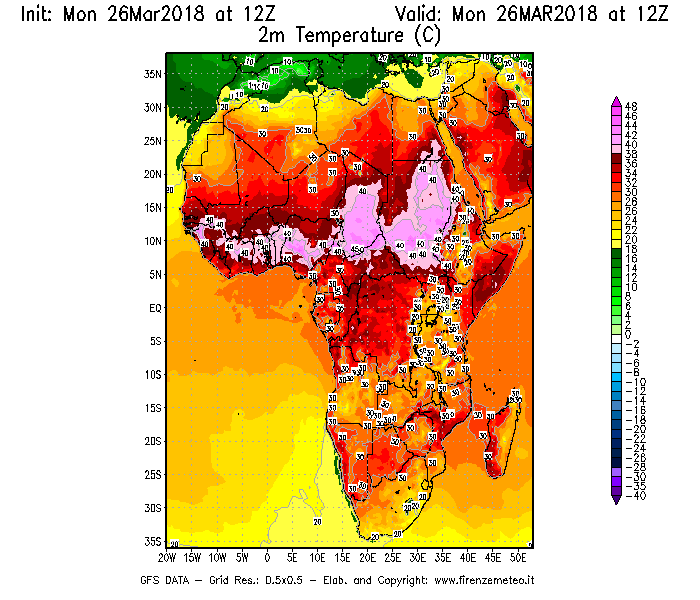 Mappa di analisi GFS - Temperatura a 2 metri dal suolo [°C] in Africa
									del 26/03/2018 12 <!--googleoff: index-->UTC<!--googleon: index-->