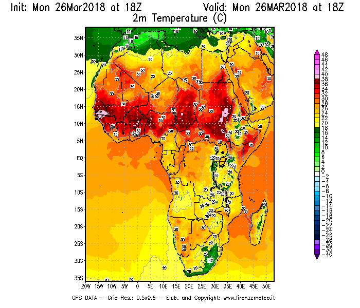 Mappa di analisi GFS - Temperatura a 2 metri dal suolo [°C] in Africa
									del 26/03/2018 18 <!--googleoff: index-->UTC<!--googleon: index-->