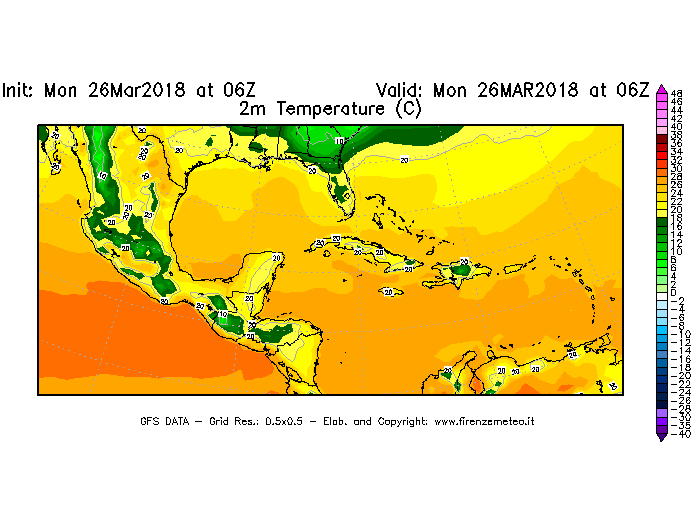 Mappa di analisi GFS - Temperatura a 2 metri dal suolo [°C] in Centro-America
									del 26/03/2018 06 <!--googleoff: index-->UTC<!--googleon: index-->