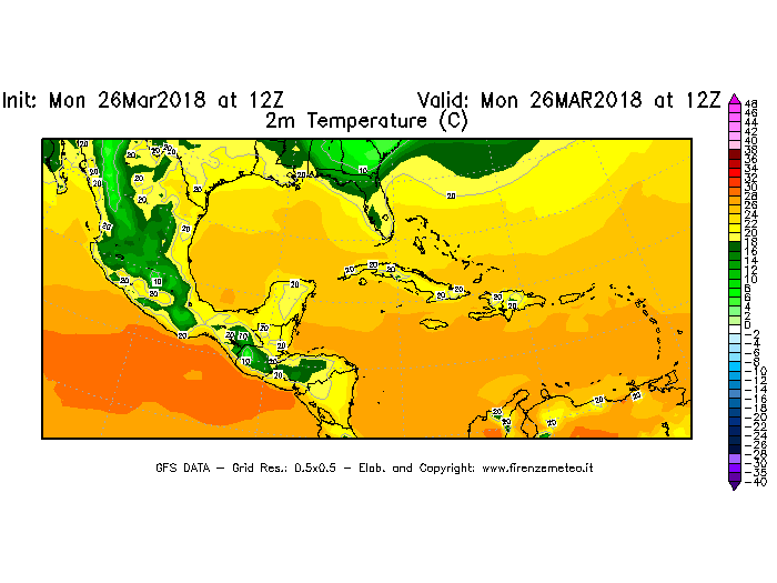 Mappa di analisi GFS - Temperatura a 2 metri dal suolo [°C] in Centro-America
									del 26/03/2018 12 <!--googleoff: index-->UTC<!--googleon: index-->