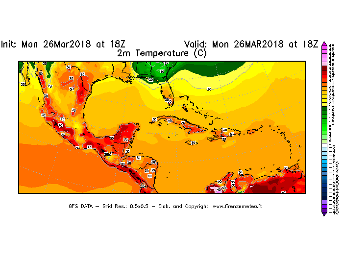 Mappa di analisi GFS - Temperatura a 2 metri dal suolo [°C] in Centro-America
									del 26/03/2018 18 <!--googleoff: index-->UTC<!--googleon: index-->