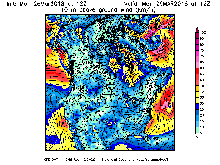 Mappa di analisi GFS - Velocità del vento a 10 metri dal suolo [km/h] in Nord-America
									del 26/03/2018 12 <!--googleoff: index-->UTC<!--googleon: index-->