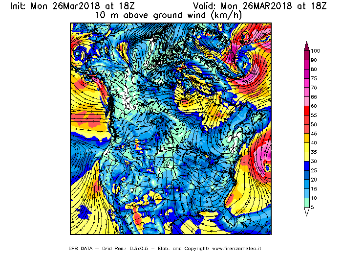 Mappa di analisi GFS - Velocità del vento a 10 metri dal suolo [km/h] in Nord-America
									del 26/03/2018 18 <!--googleoff: index-->UTC<!--googleon: index-->