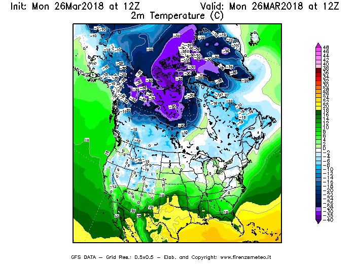 Mappa di analisi GFS - Temperatura a 2 metri dal suolo [°C] in Nord-America
									del 26/03/2018 12 <!--googleoff: index-->UTC<!--googleon: index-->