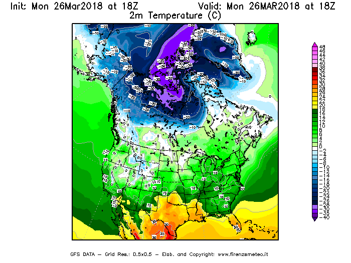 Mappa di analisi GFS - Temperatura a 2 metri dal suolo [°C] in Nord-America
									del 26/03/2018 18 <!--googleoff: index-->UTC<!--googleon: index-->