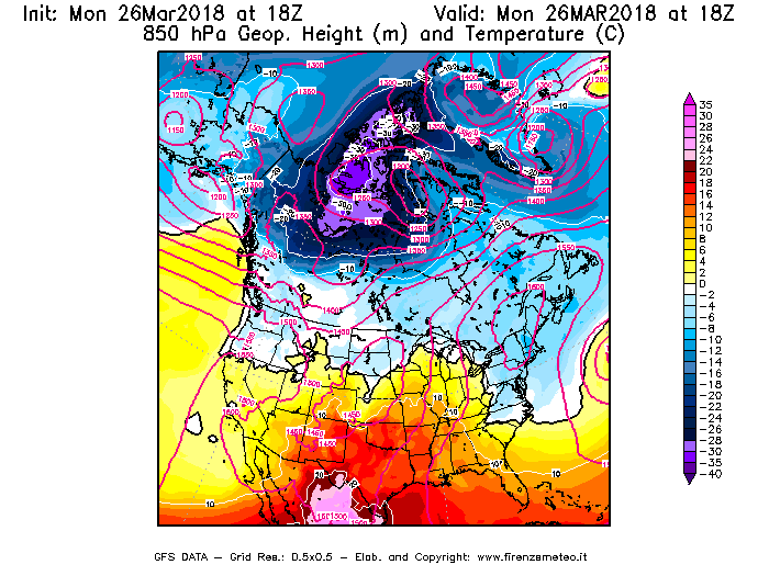 Mappa di analisi GFS - Geopotenziale [m] e Temperatura [°C] a 850 hPa in Nord-America
									del 26/03/2018 18 <!--googleoff: index-->UTC<!--googleon: index-->